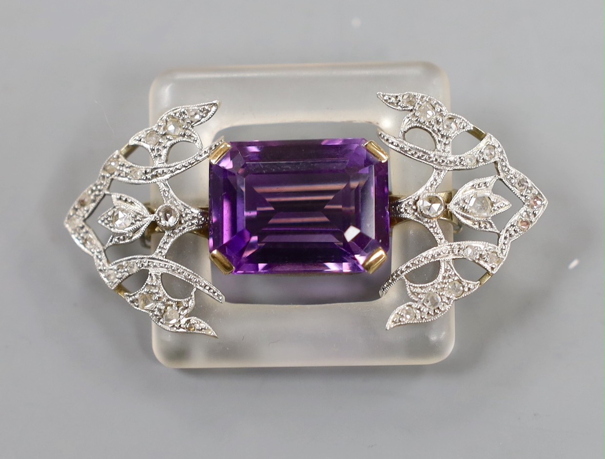 An Art Deco style yellow and white metal, amethyst, rose cut diamond and frosted glass set shaped rectangular brooch, 48mm, gross weight 16.2 grams.